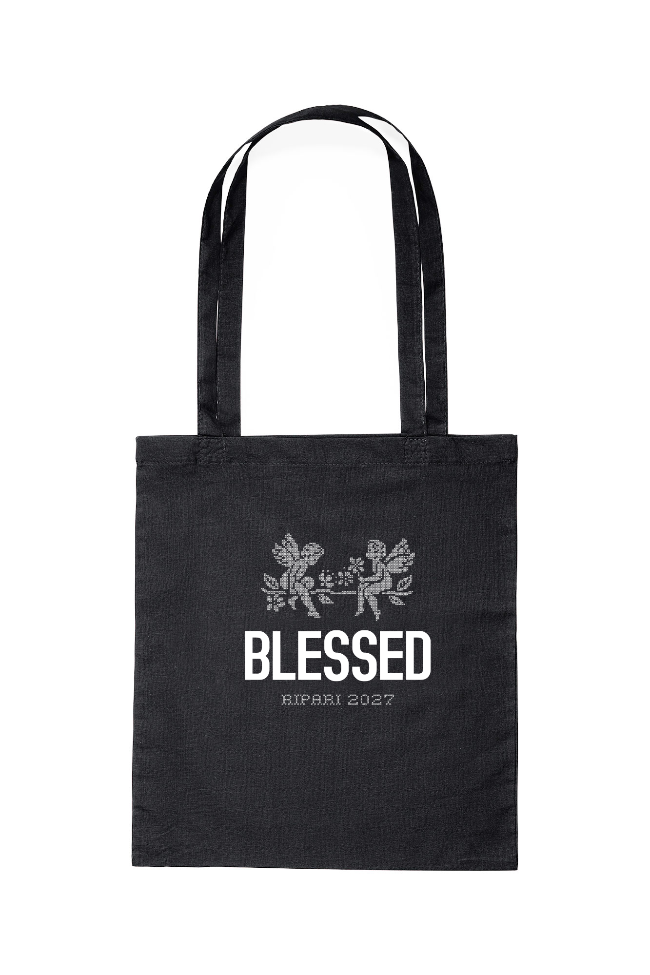 Blessed-kangaskassi musta puuvillainen kangaskassi Blessed-painatuksella