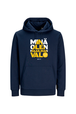 Tummansininen Minä olen maailman valo -huppari, jossa valkoinen ja keltainen Ripari 2027 -painatus.